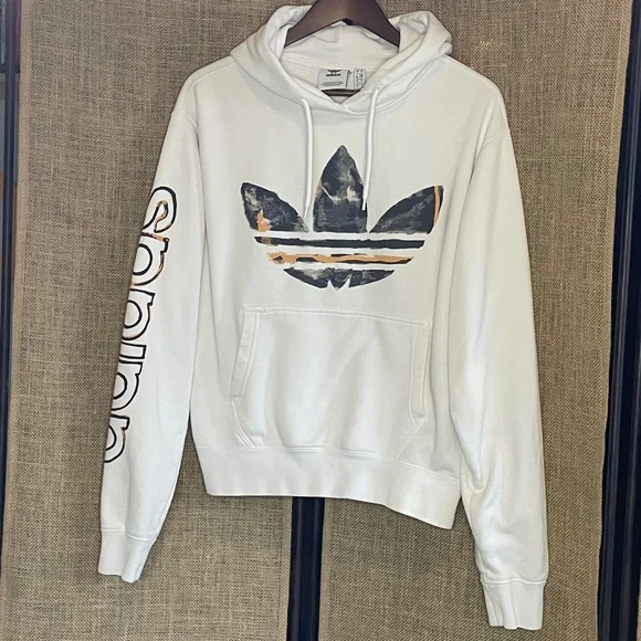 EUC! mens ADIDAS ORIGINALS logo hoodie sweatshirt small white